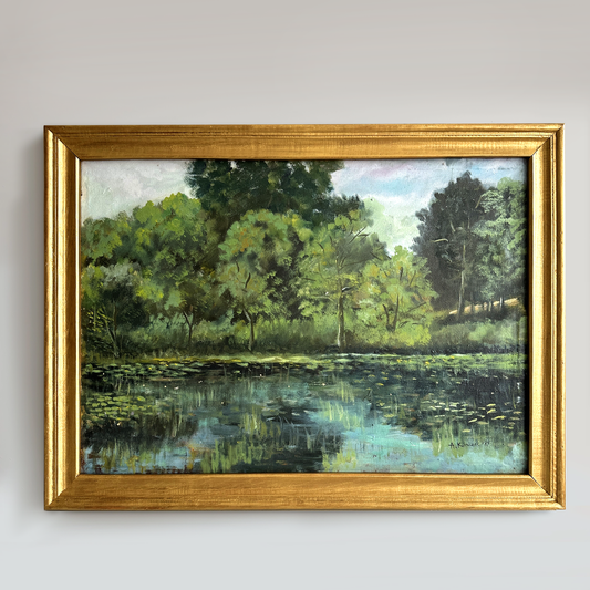 Vintage 1987 European Forrest Lake Oil Painting - 31.1"×23.2"