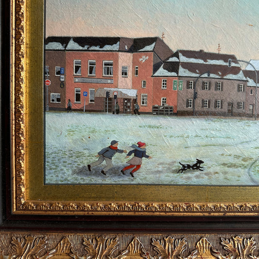 Vintage 1960s Framed Winter Town Landscape Painting - 17”×15”)
