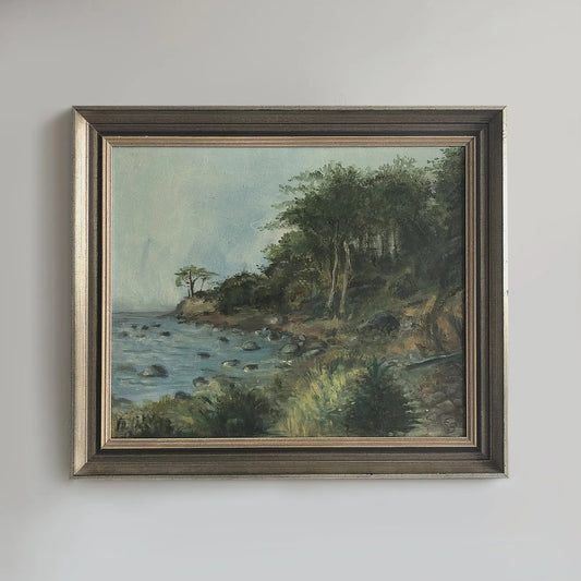 Vintage 1940s Coastal Landscape Mixed Medium Painting - 18" x 15.4"