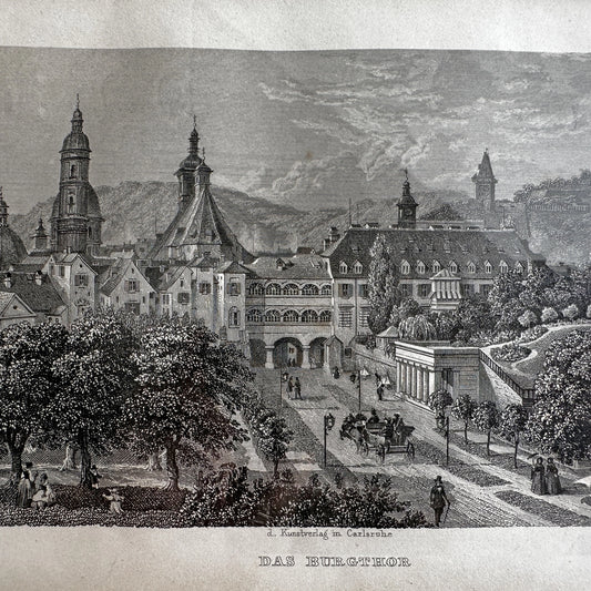 Vintage 1843 Historic Town Steel Engraving Print - 13.4"x11"