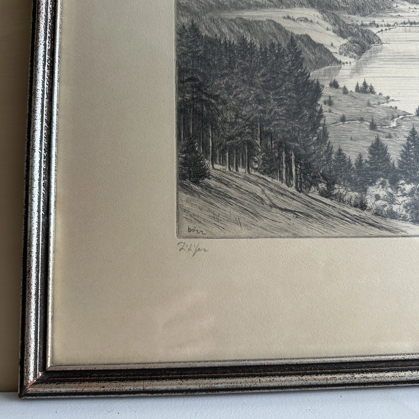 Vintage 1930s German Lakeview Etching Print – 18"x15"