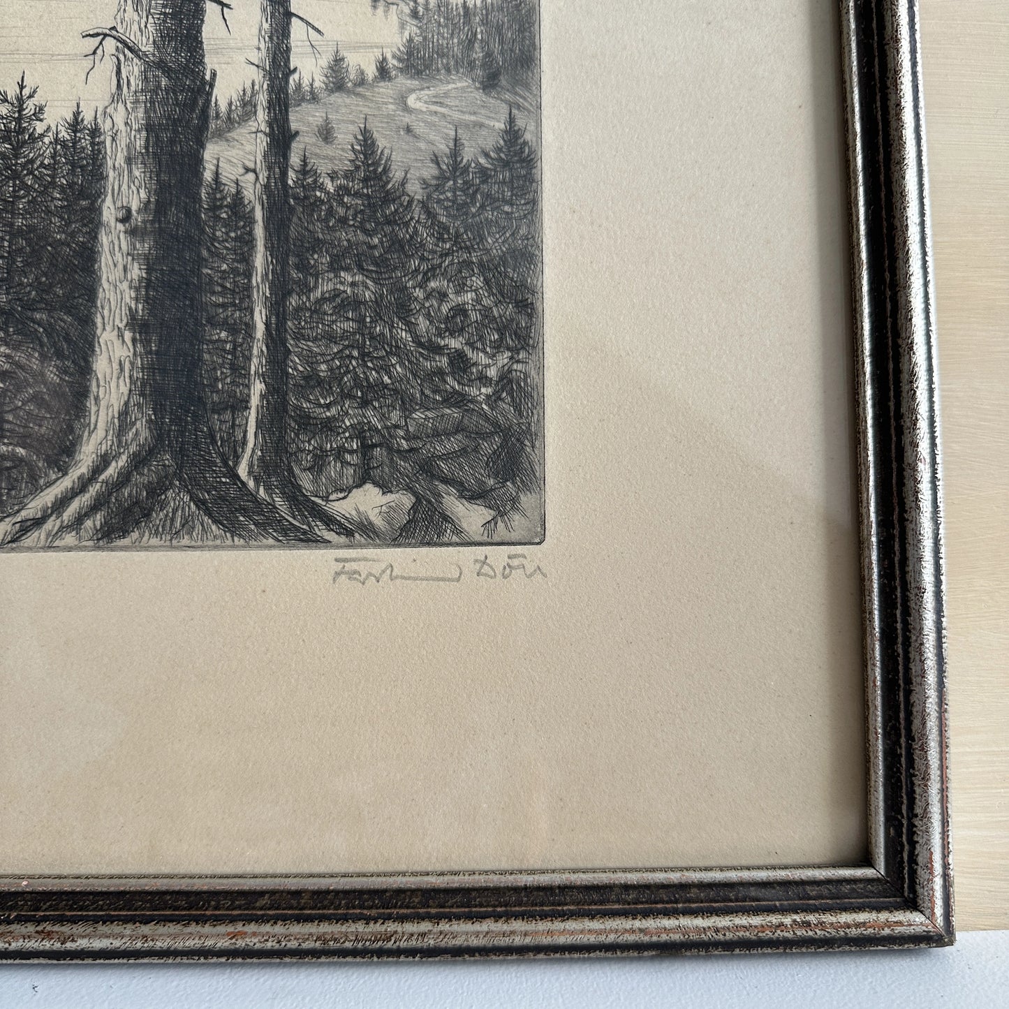 Vintage 1930s German Lakeview Etching Print – 18"x15"