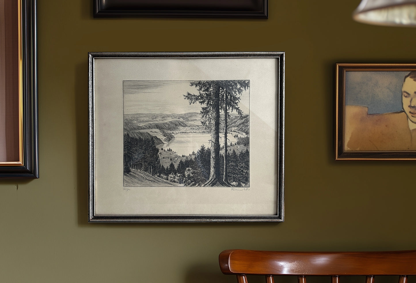 Vintage 1930s German Lakeview Etching Print – 18"x15"