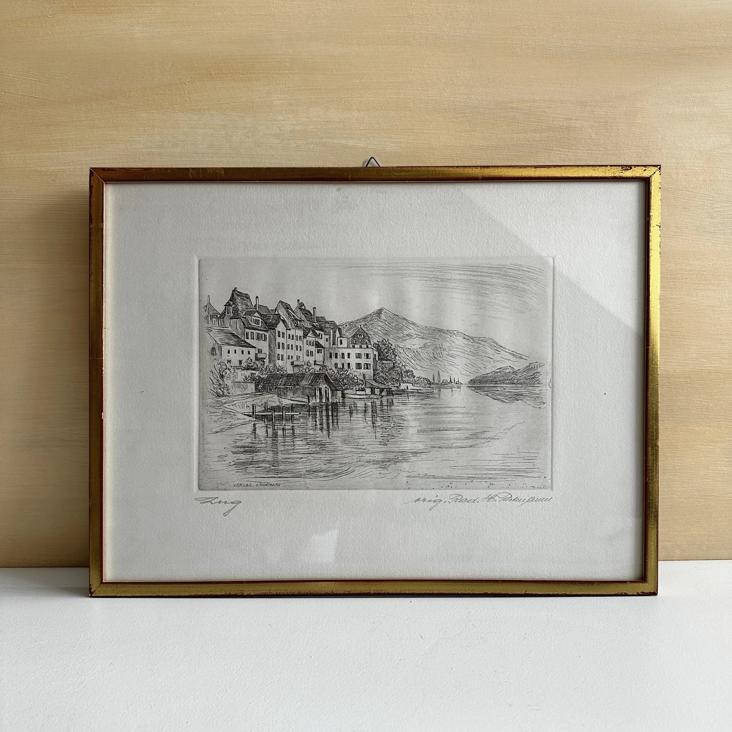 Vintage 1910s Swiss Lakeside Village Steel Engraving Print - 15" x 11"