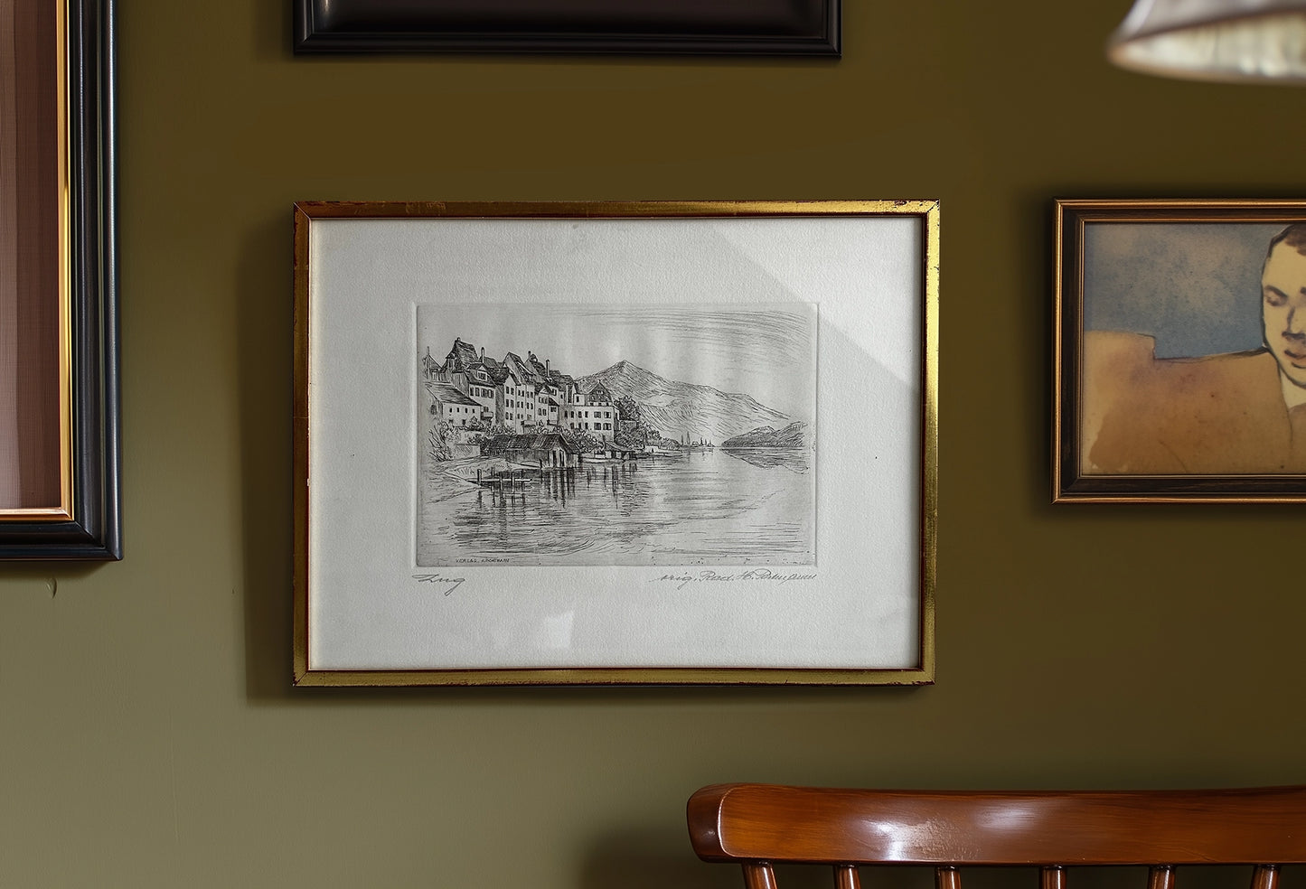 Vintage 1910s Swiss Lakeside Village Steel Engraving Print - 15" x 11"