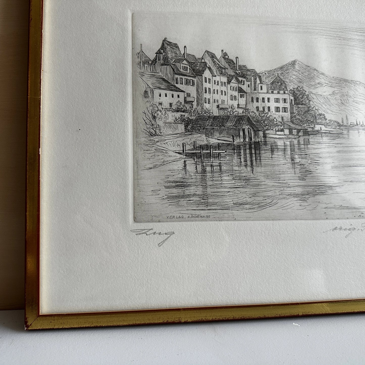Vintage 1910s Swiss Lakeside Village Steel Engraving Print - 15" x 11"