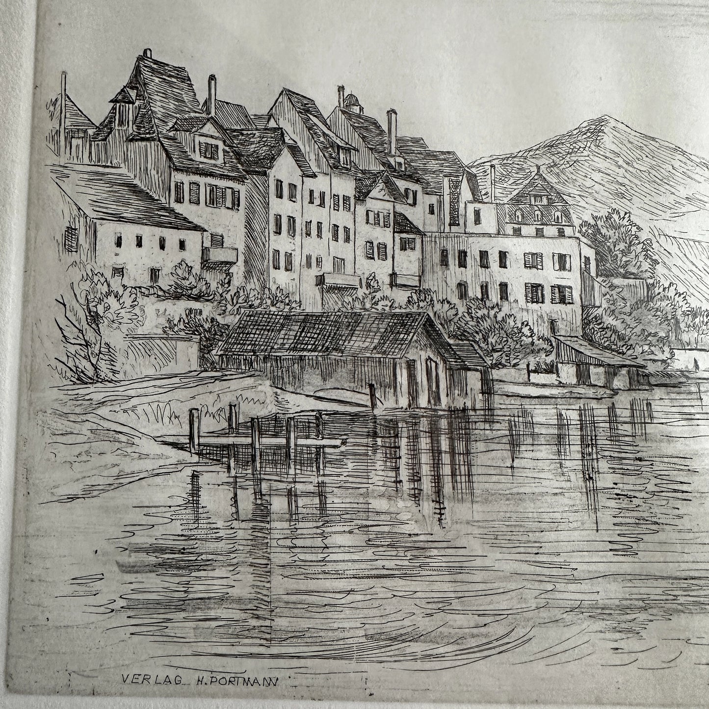 Vintage 1910s Swiss Lakeside Village Steel Engraving Print - 15" x 11"