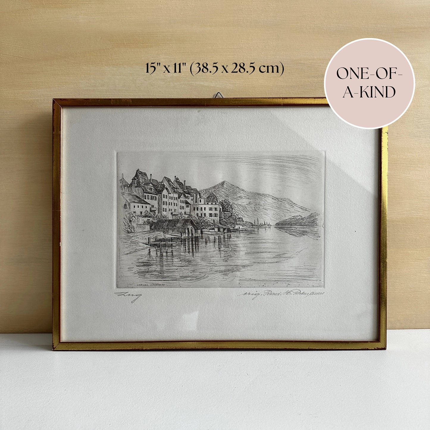 Vintage 1910s Swiss Lakeside Village Steel Engraving Print - 15" x 11"