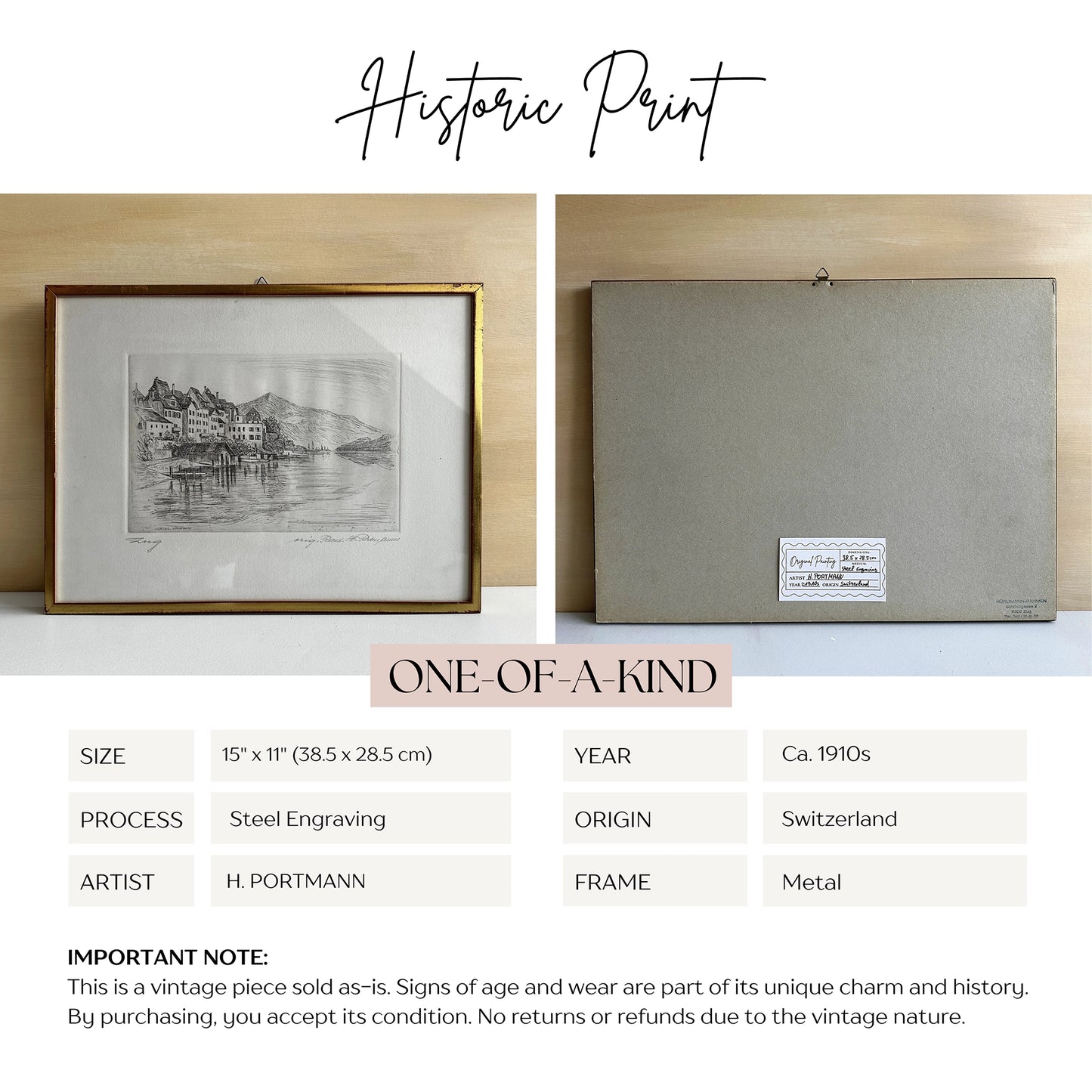 Vintage 1910s Swiss Lakeside Village Steel Engraving Print - 15" x 11"