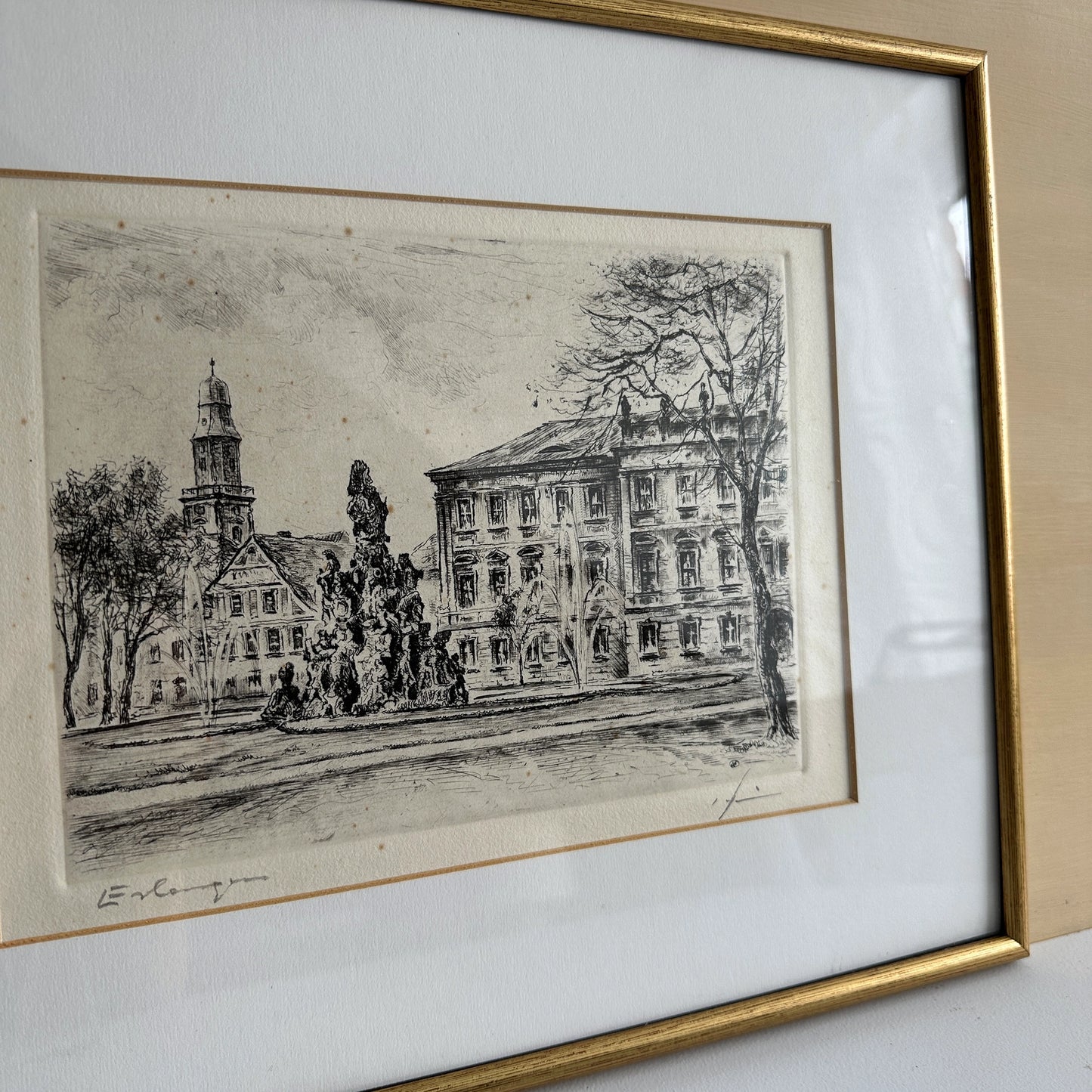 Vintage 1940s German Town Etching Print - 14.5" x 12"