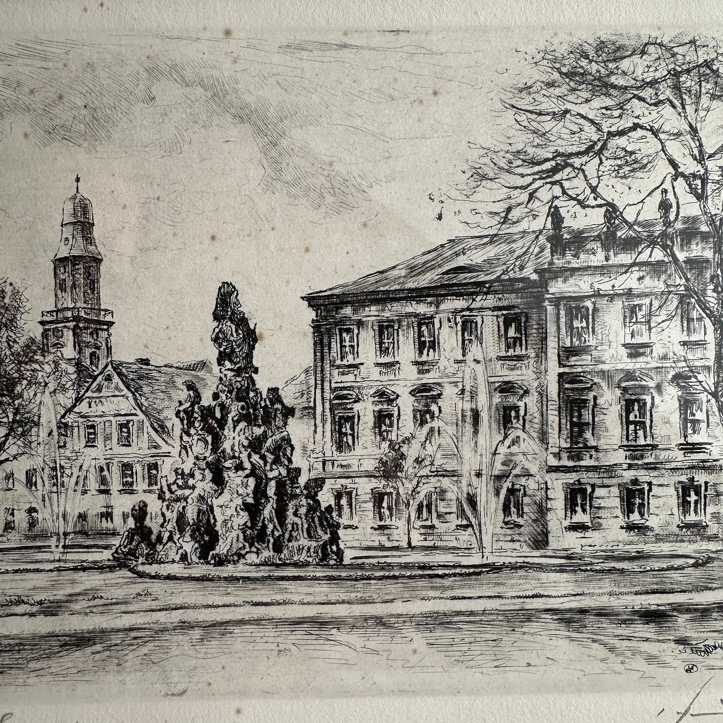 Vintage 1940s German Town Etching Print - 14.5" x 12"