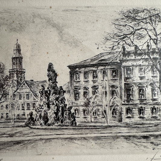Vintage 1940s German Town Etching Print - 14.5" x 12"