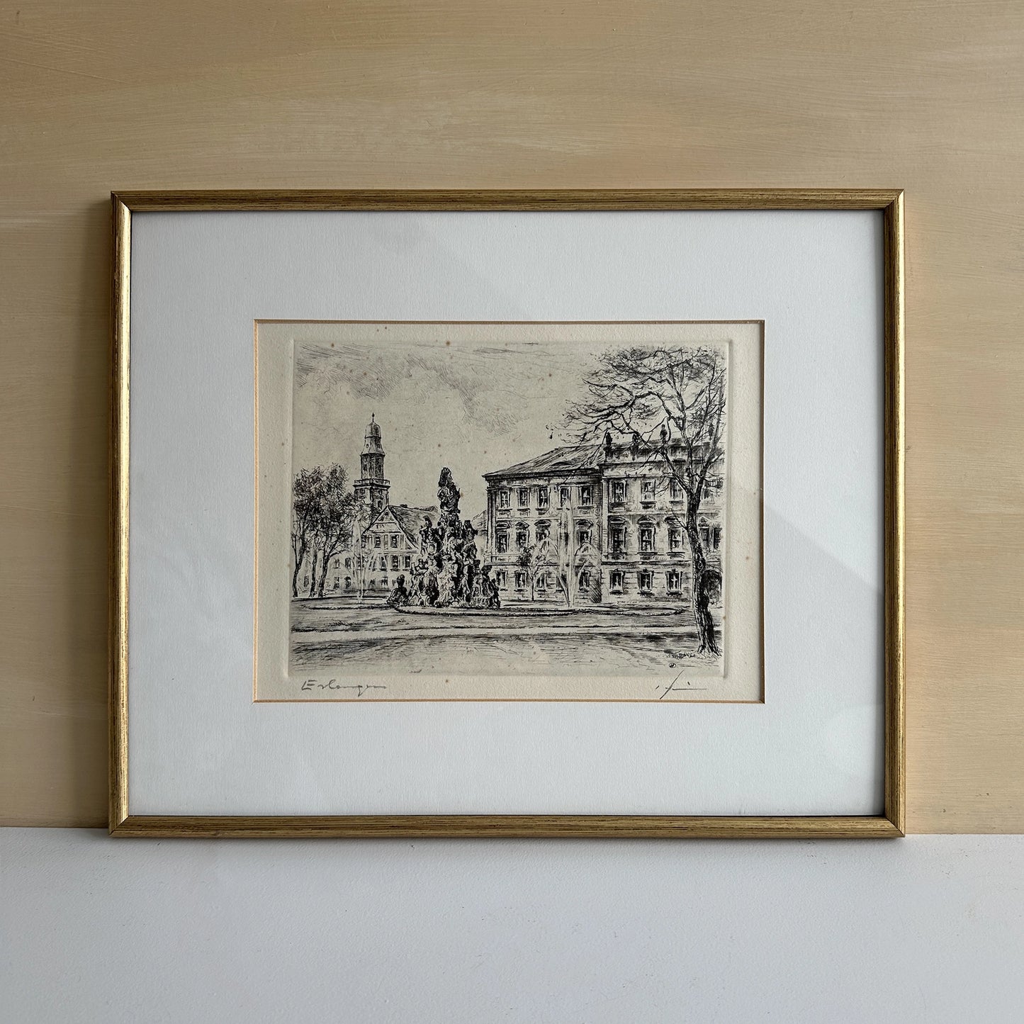 Vintage 1940s German Town Etching Print - 14.5" x 12"