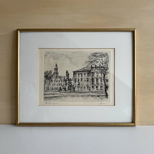 Vintage 1940s German Town Etching Print - 14.5" x 12"