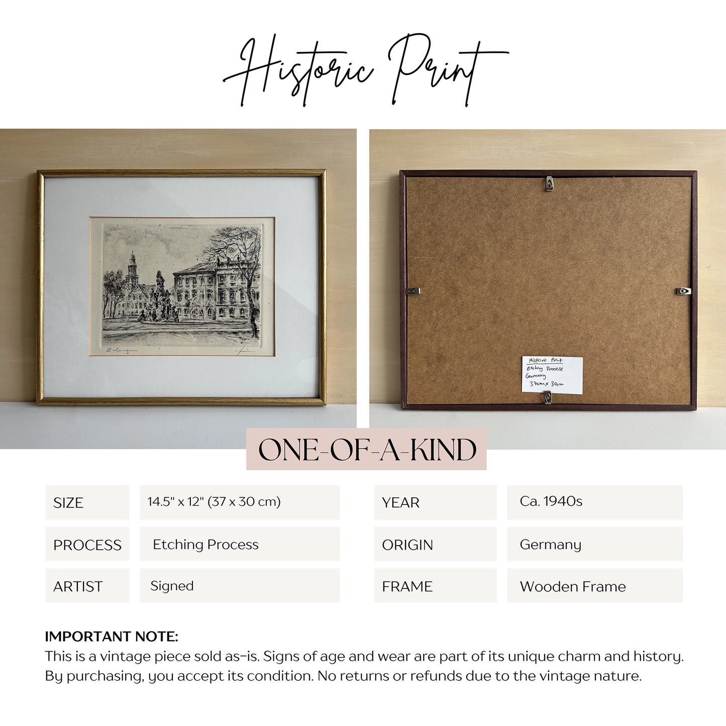 Vintage 1940s German Town Etching Print - 14.5" x 12"