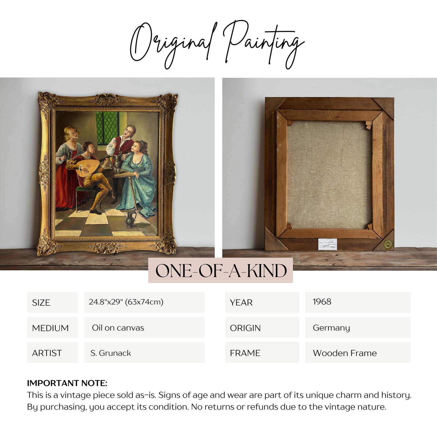 Vintage 1968 Renaissance-Style Musicians Oil Painting - 24.8" x 29"