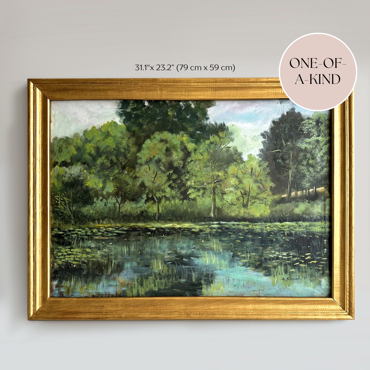 Vintage 1987 European Forrest Lake Oil Painting - 31.1"×23.2"