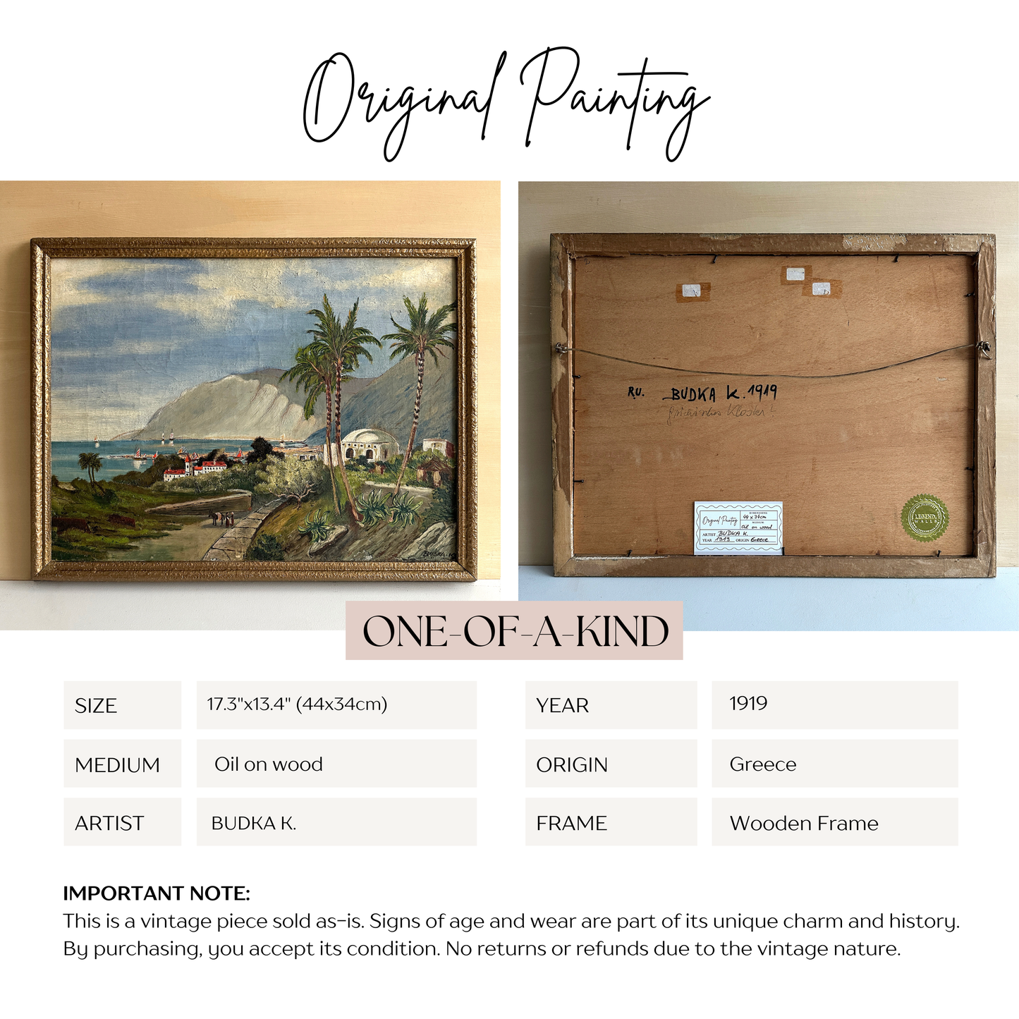 Vintage 1919 Mediterranean Landscape Oil Painting - 17.3"×13.4"