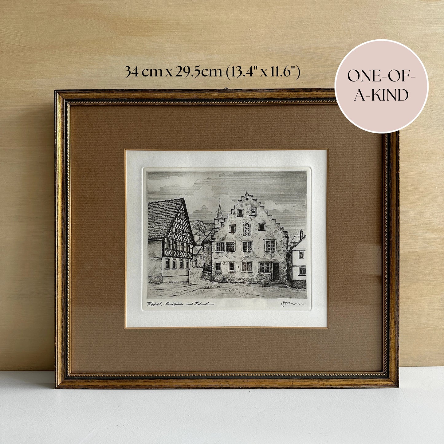 Vintage 1940s Historic Town Etching Print - 13.4"x11.6"