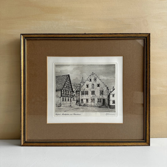 Vintage 1940s Historic Town Etching Print - 13.4"x11.6"
