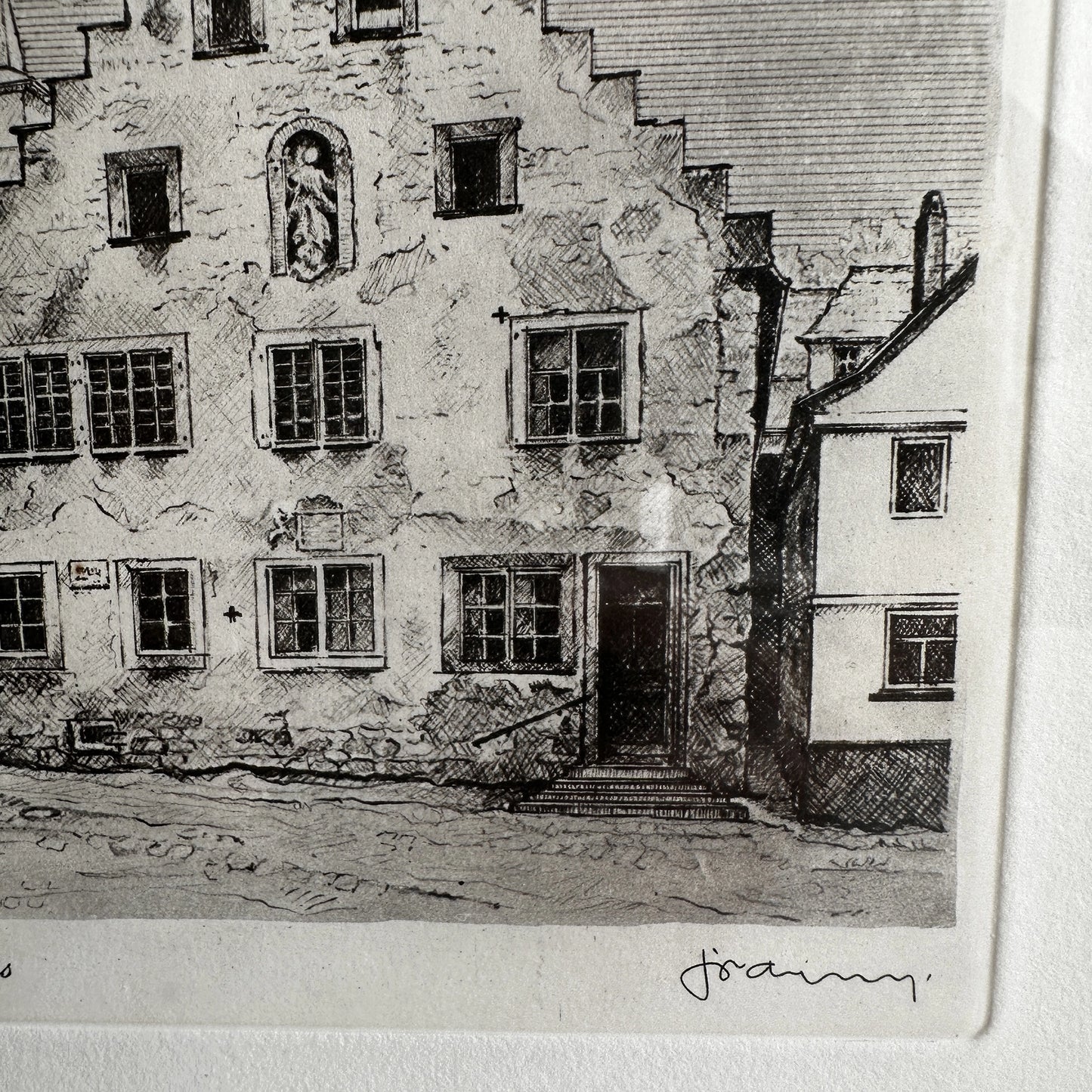 Vintage 1940s Historic Town Etching Print - 13.4"x11.6"