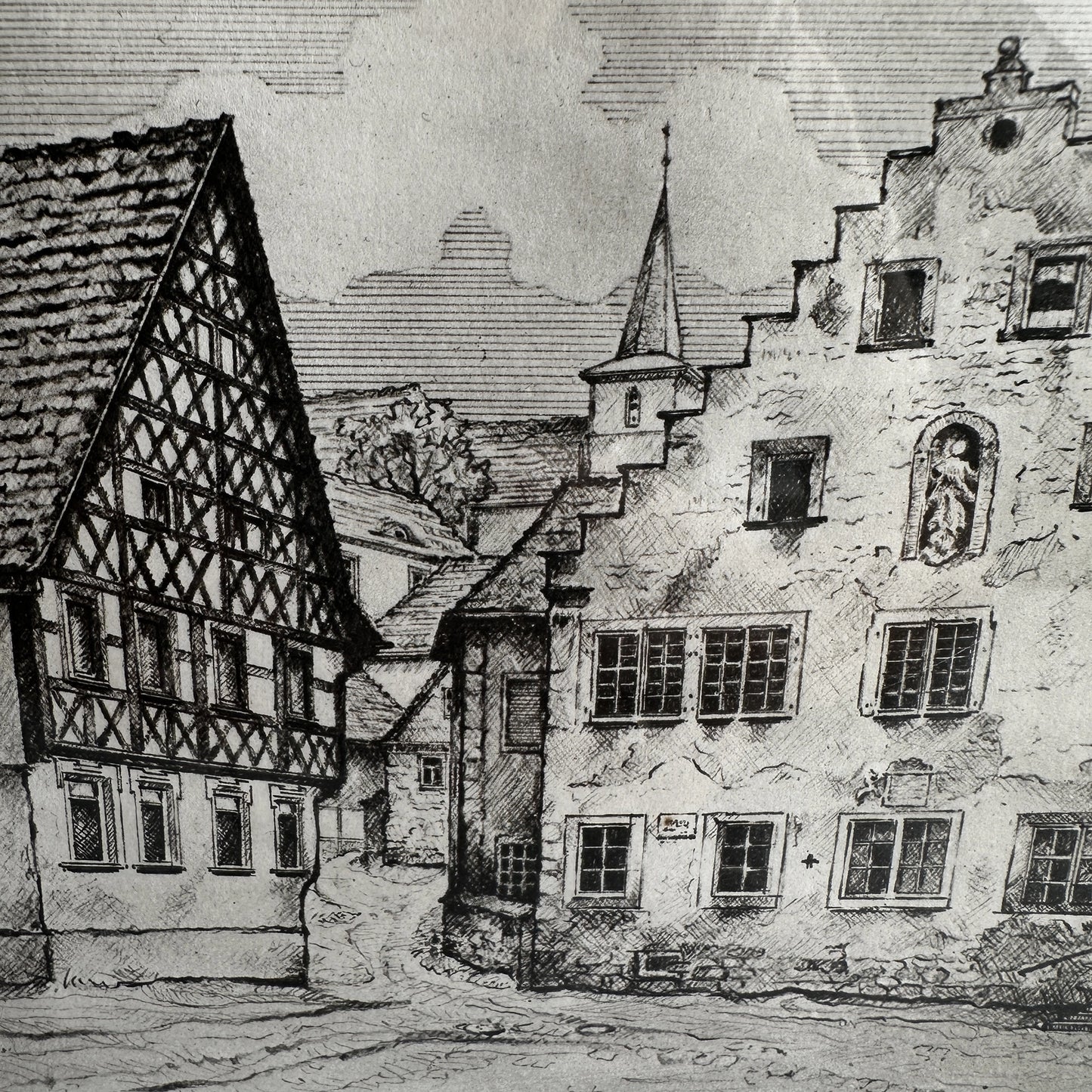 Vintage 1940s Historic Town Etching Print - 13.4"x11.6"