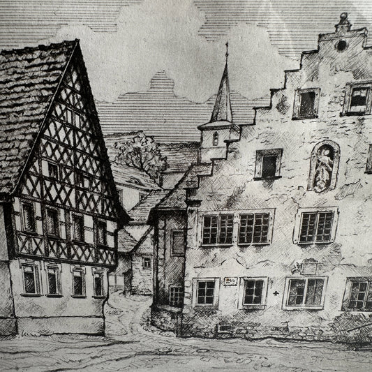 Vintage 1940s Historic Town Etching Print - 13.4"x11.6"
