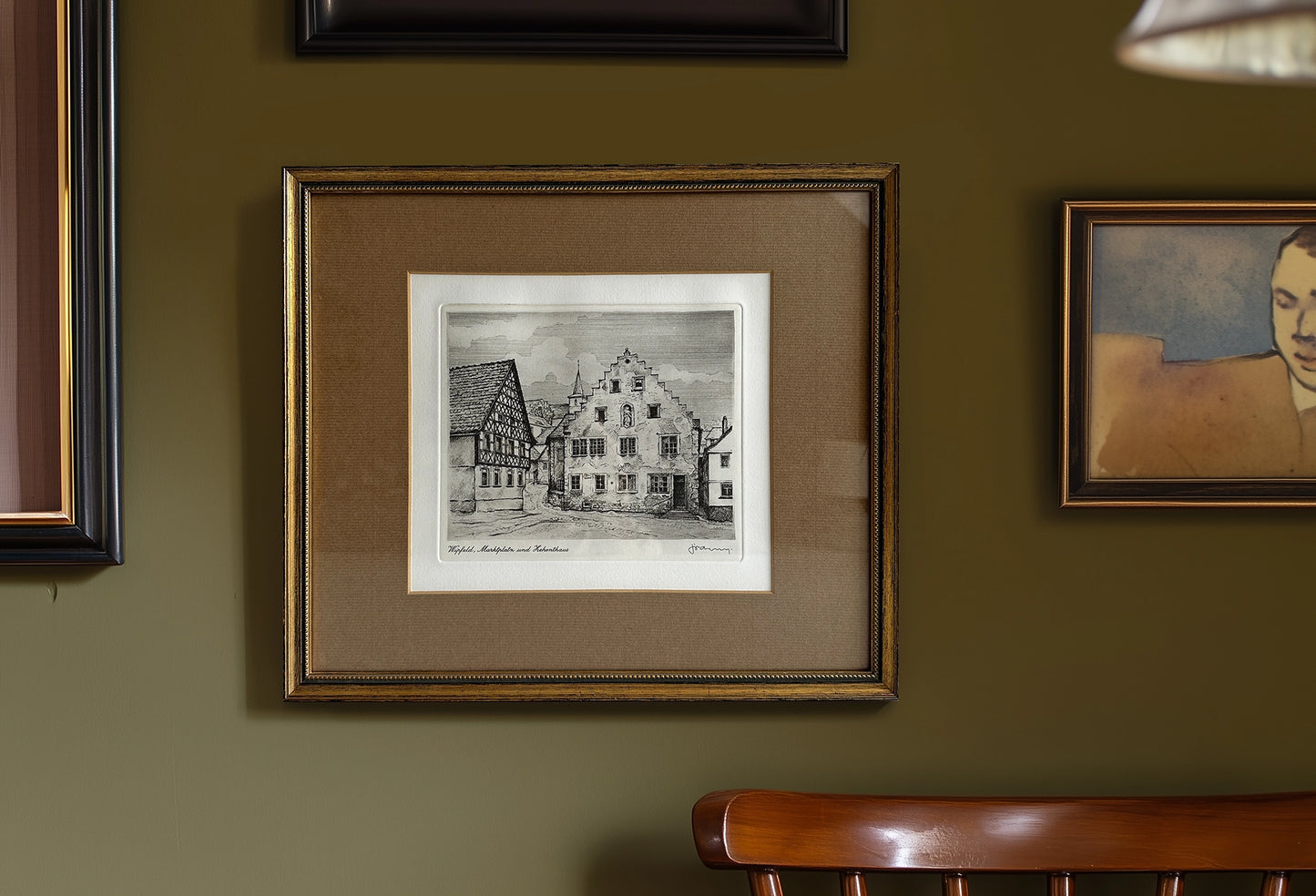 Vintage 1940s Historic Town Etching Print - 13.4"x11.6"