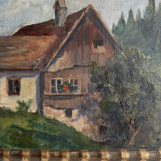 Vintage 1930s European Cottage Oil Painting – 10.2" x 8.6"