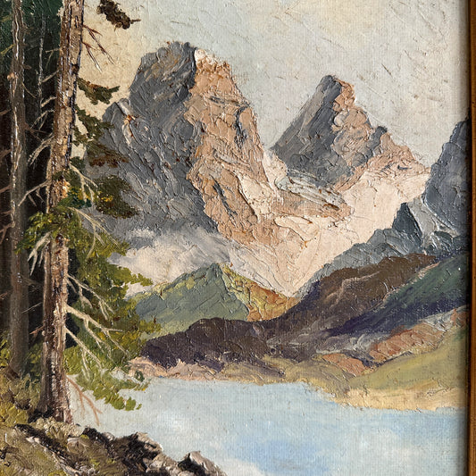 Vintage 1952 German Alpine Lake Oil Painting – 16" x 19"