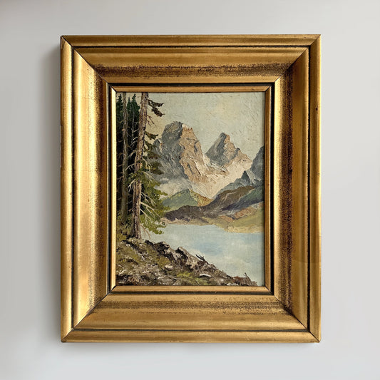 Vintage 1952 German Alpine Lake Oil Painting – 16" x 19"