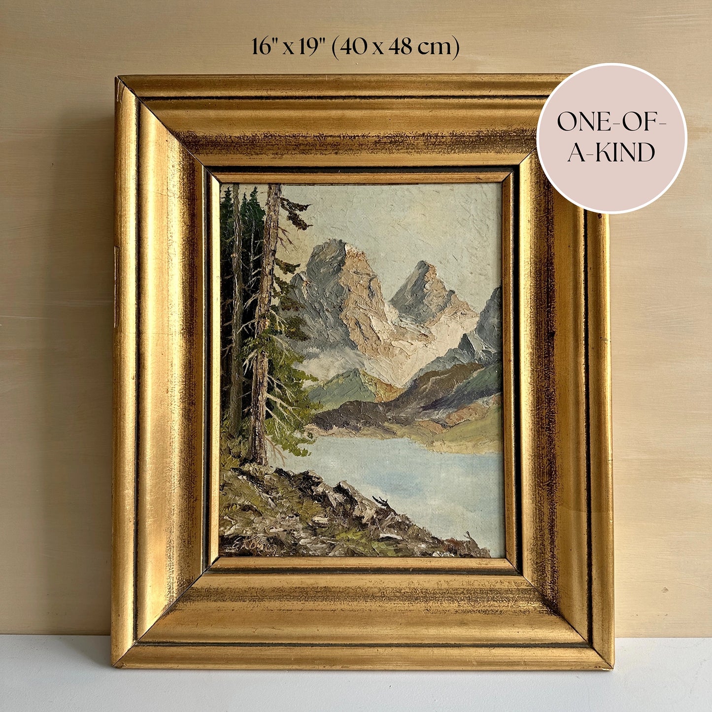 Vintage 1952 German Alpine Lake Oil Painting – 16" x 19"