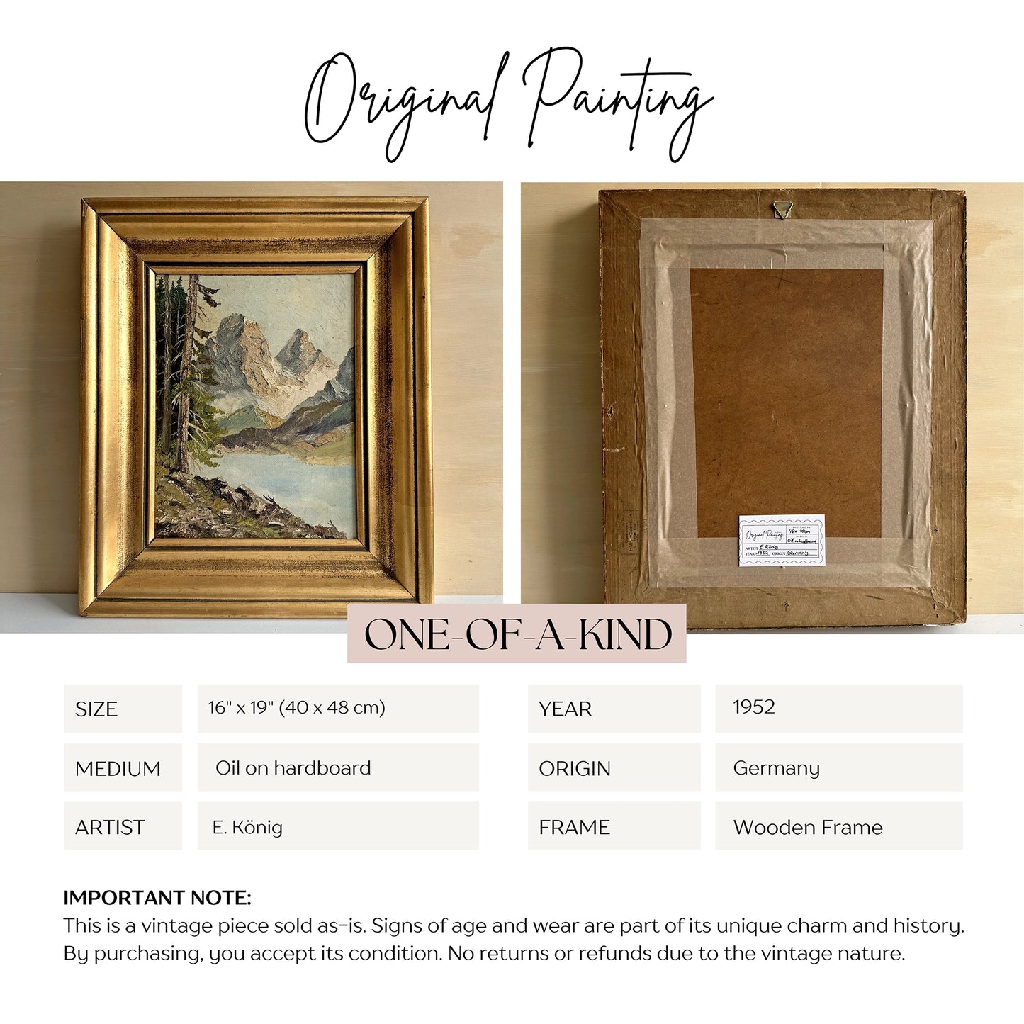 Vintage 1952 German Alpine Lake Oil Painting – 16" x 19"