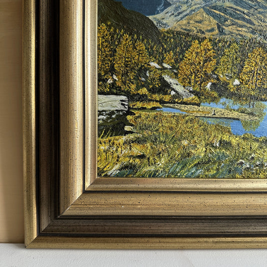 Vintage 1950s Austrian Alpine Lake Oil Painting – 20.5" x 16.5"