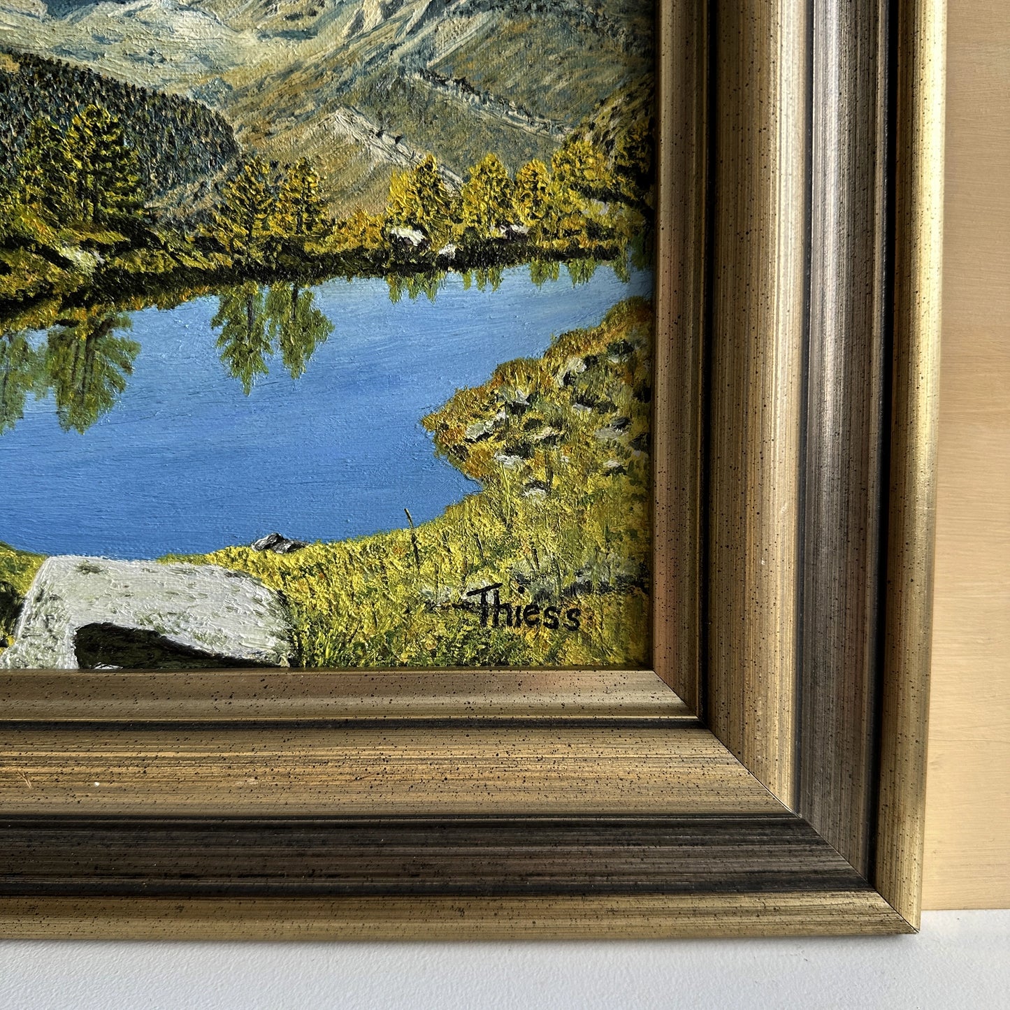 Vintage 1950s Austrian Alpine Lake Oil Painting – 20.5" x 16.5"