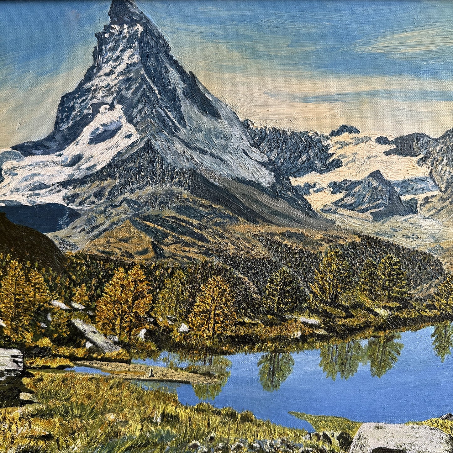 Vintage 1950s Austrian Alpine Lake Oil Painting – 20.5" x 16.5"