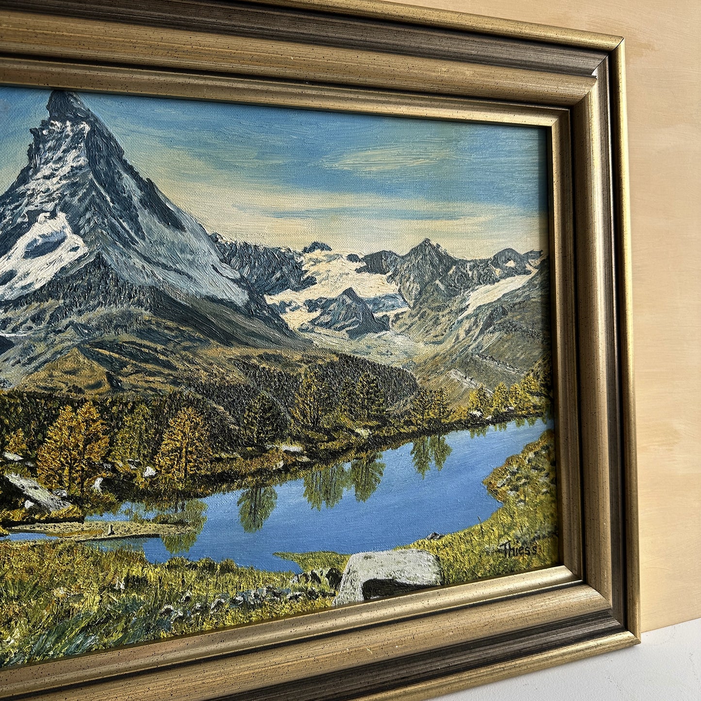 Vintage 1950s Austrian Alpine Lake Oil Painting – 20.5" x 16.5"