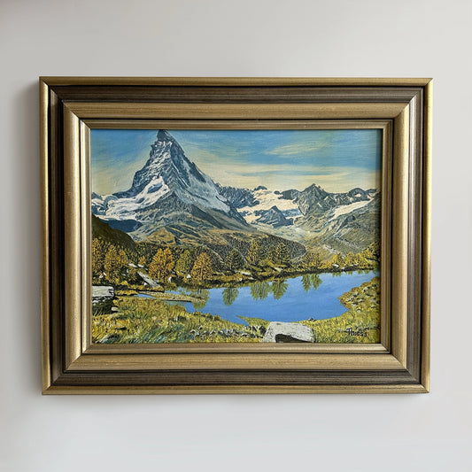 Vintage 1950s Austrian Alpine Lake Oil Painting – 20.5" x 16.5"