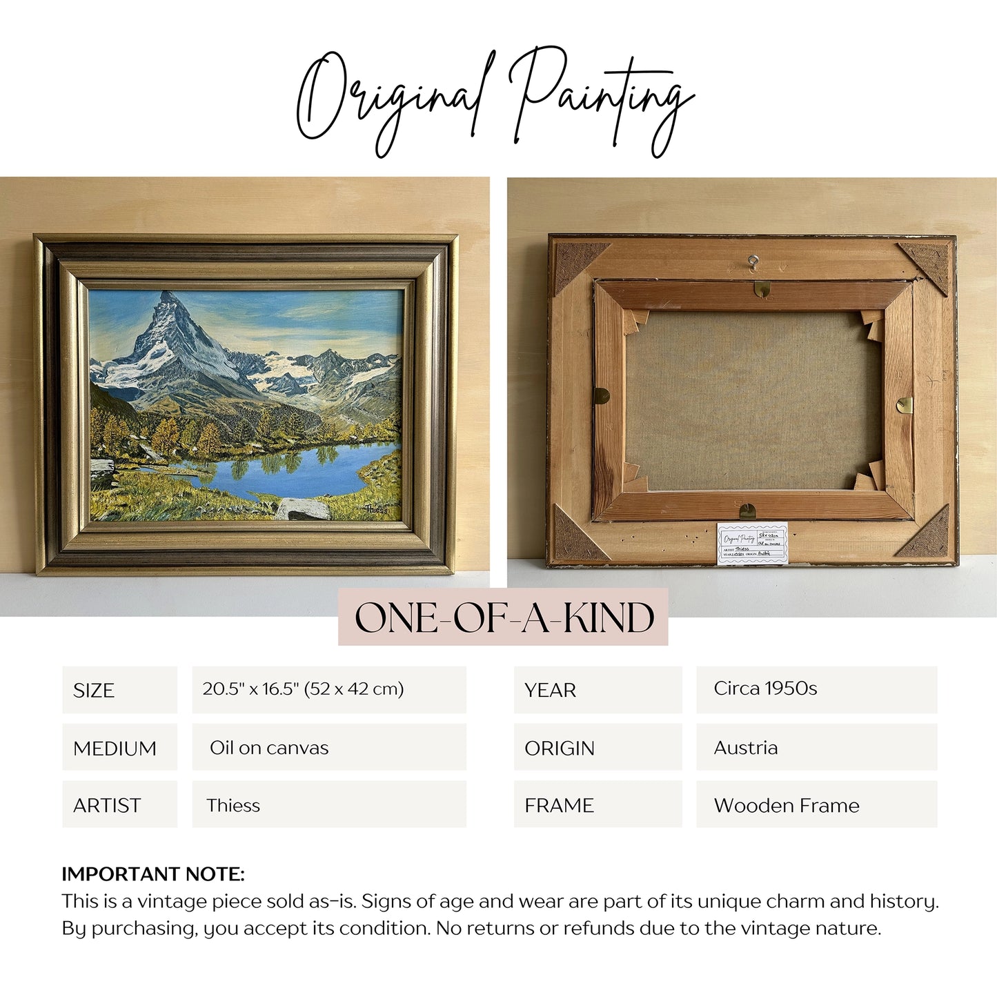 Vintage 1950s Austrian Alpine Lake Oil Painting – 20.5" x 16.5"