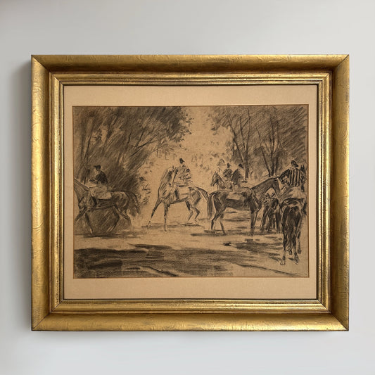 Vintage 1910s Equestrian Horse Charcoal Drawing - 30.3"x27"