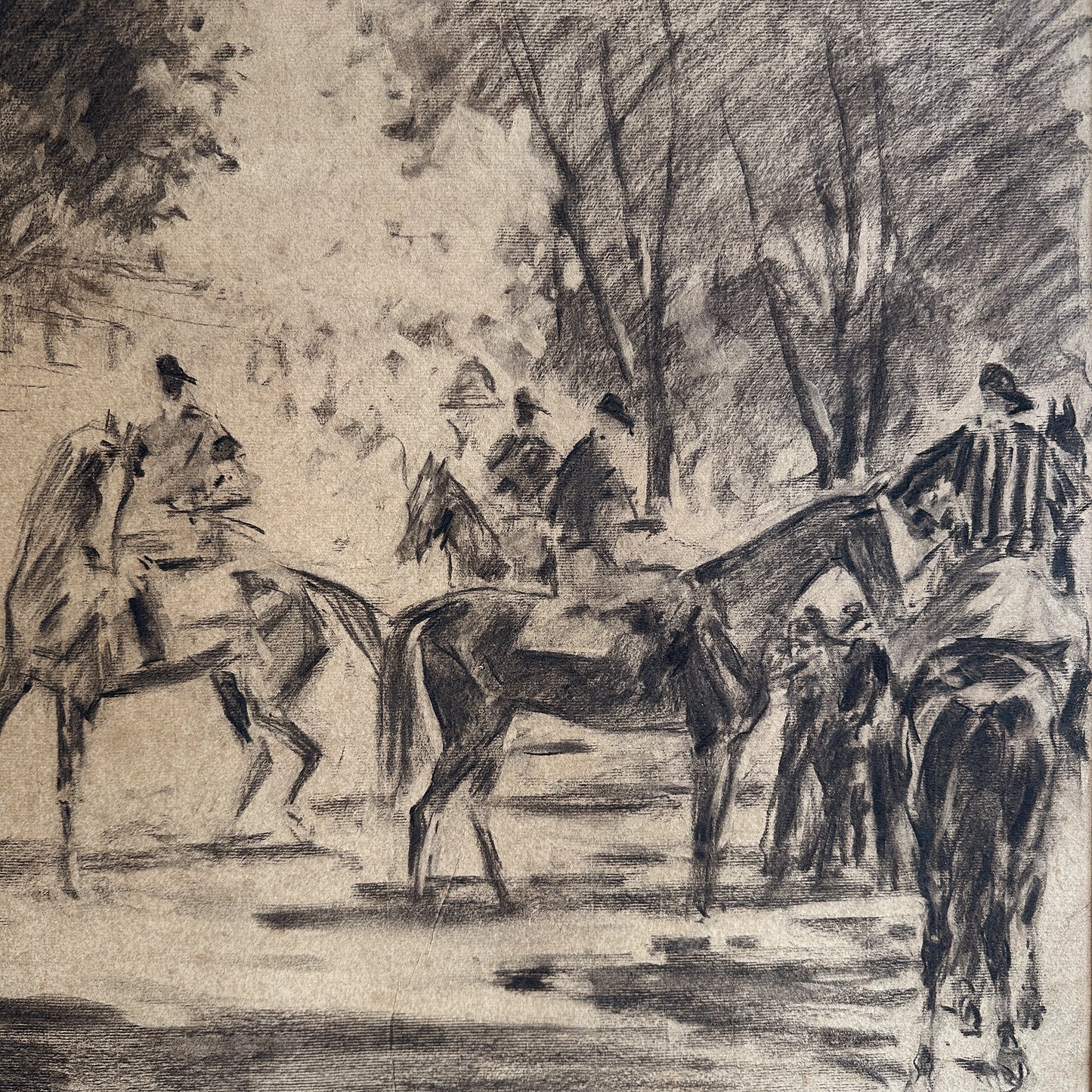 Vintage 1910s Equestrian Horse Charcoal Drawing - 30.3"x27"