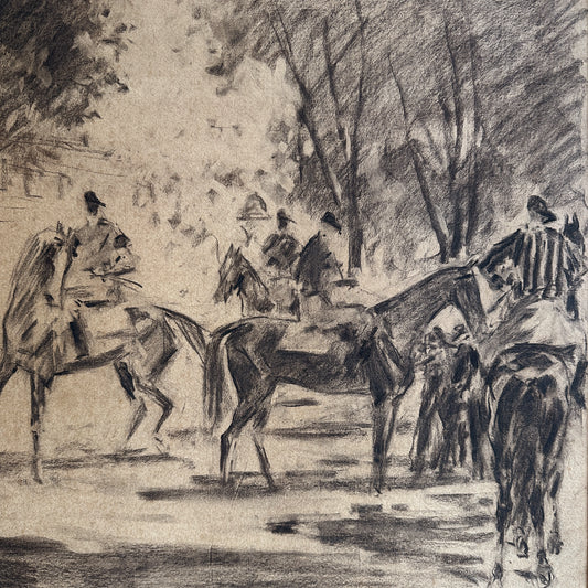 Vintage 1910s Equestrian Horse Charcoal Drawing - 30.3"x27"
