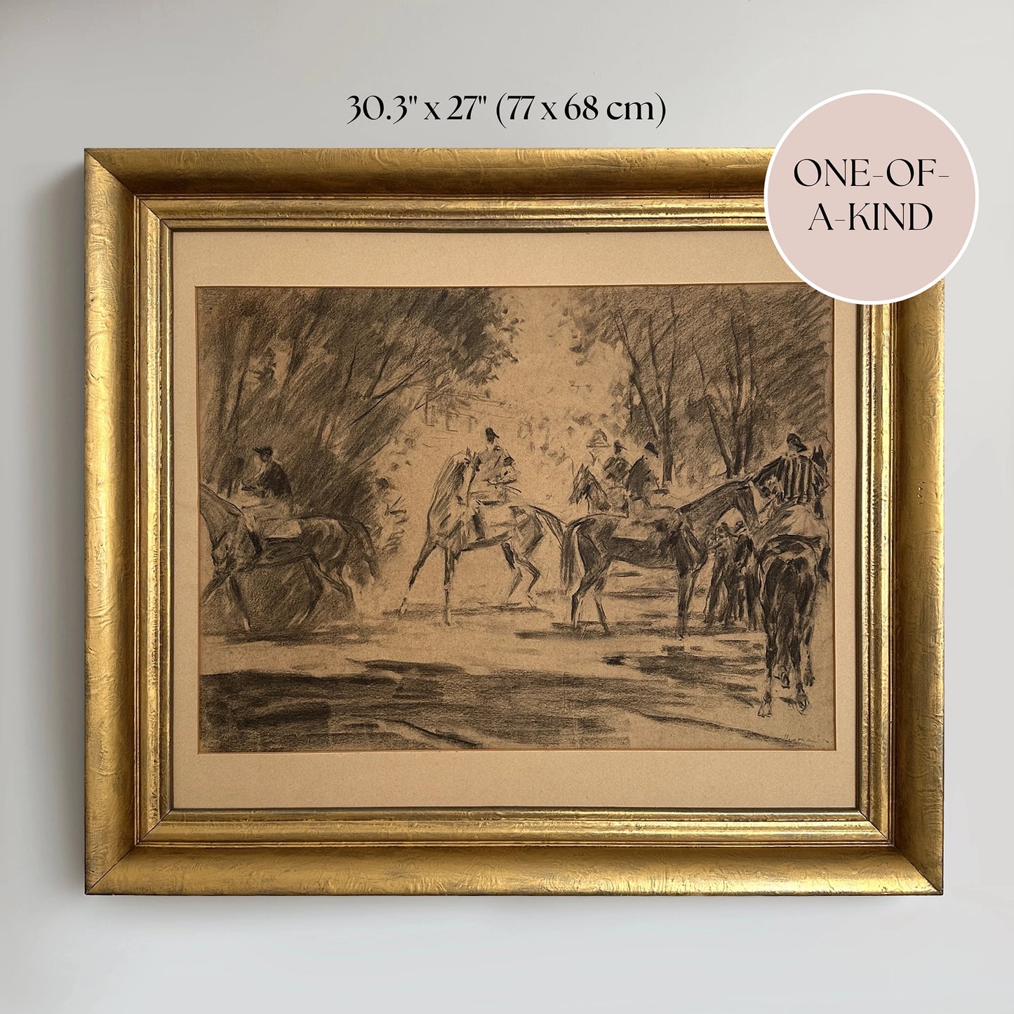 Vintage 1910s Equestrian Horse Charcoal Drawing - 30.3"x27"