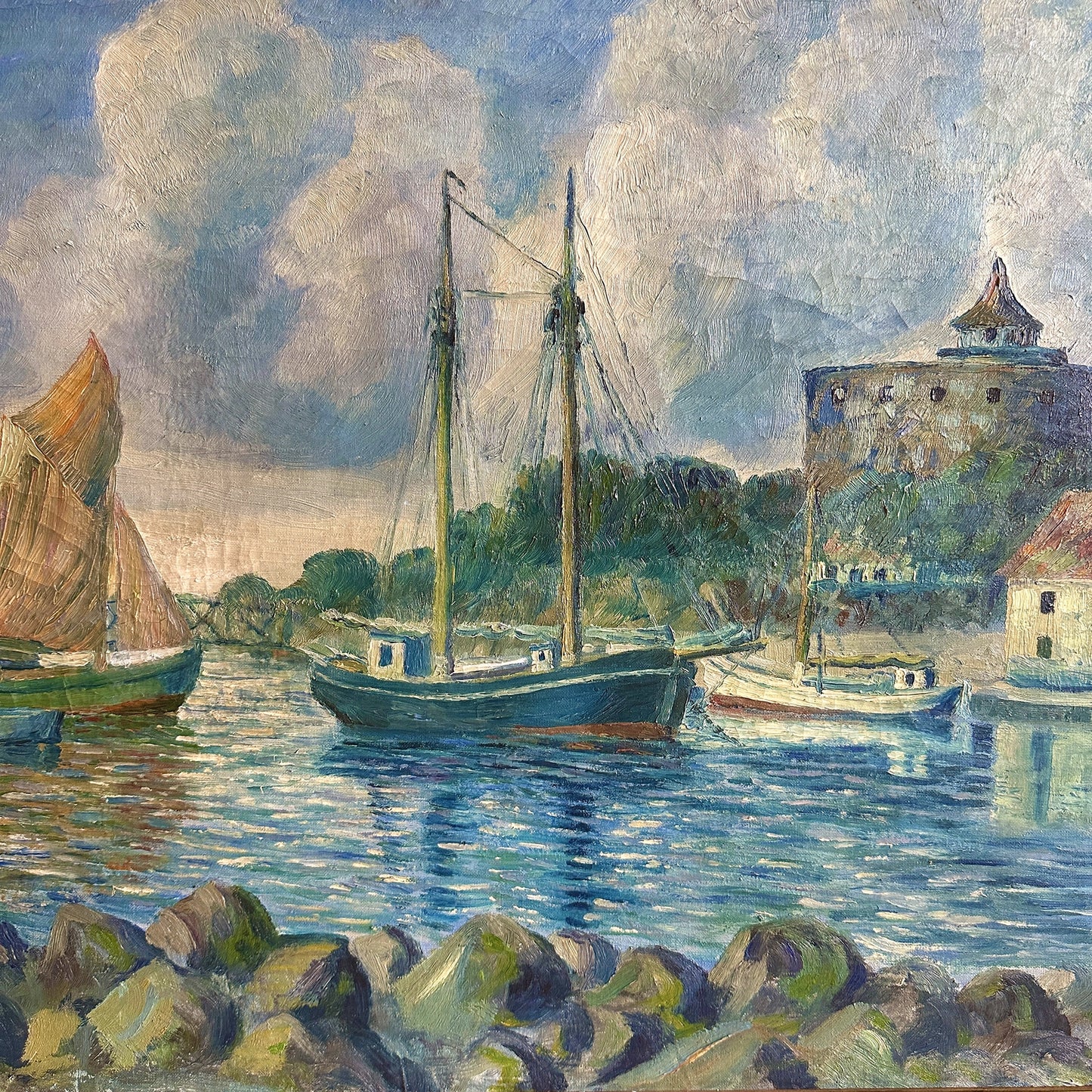 Vintage 1932 Swedish Coastal Oil Painting - 30"x24"