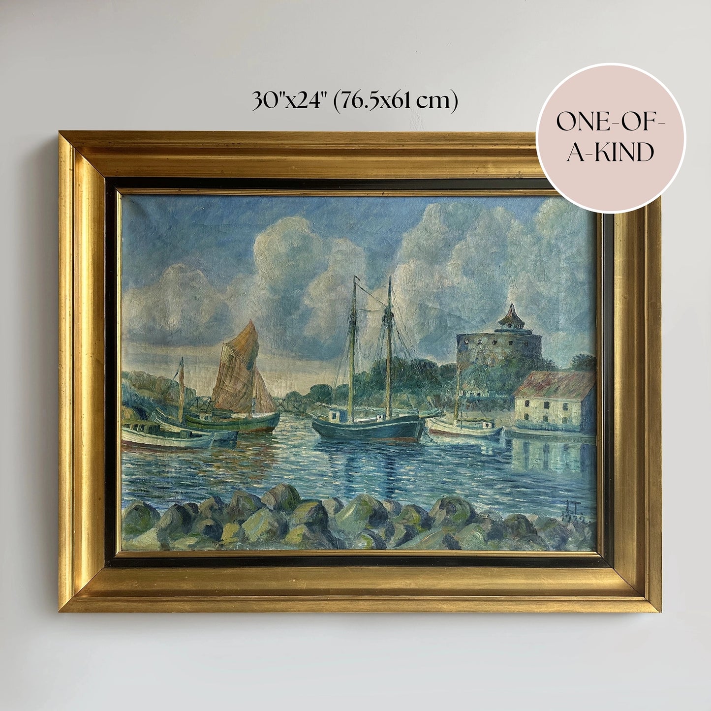 Vintage 1932 Swedish Coastal Oil Painting - 30"x24"