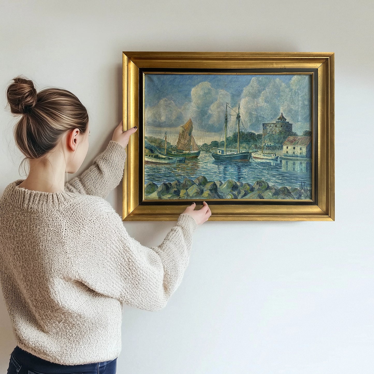 Vintage 1932 Swedish Coastal Oil Painting - 30"x24"