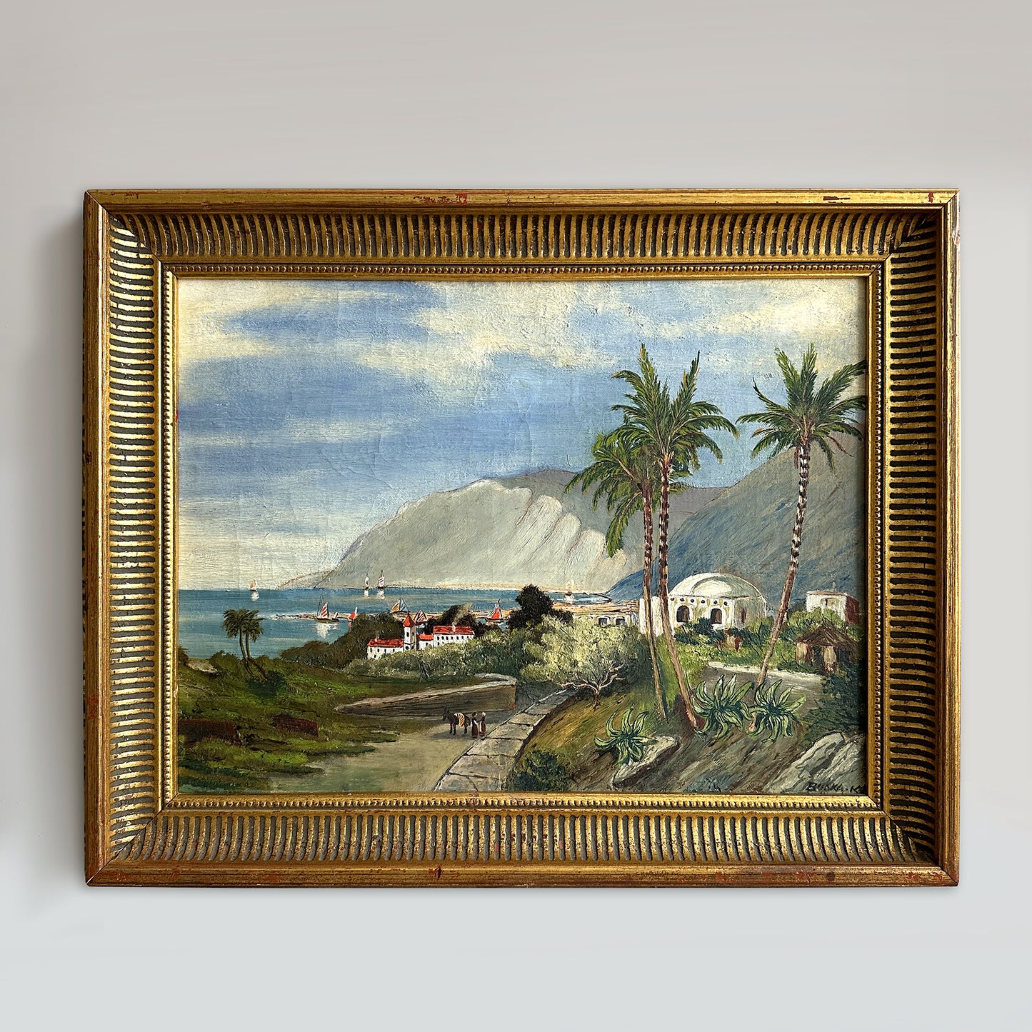Vintage 1919 Mediterranean Landscape Oil Painting - 19"×15"