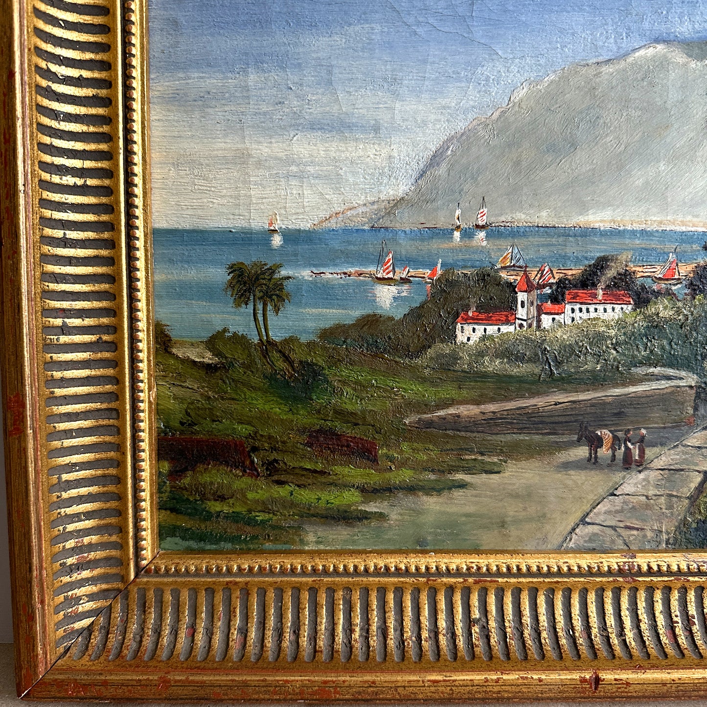Vintage 1919 Mediterranean Landscape Oil Painting - 19"×15"