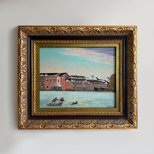 Vintage 1960s Framed Winter Town Landscape Painting - 17”×15”)