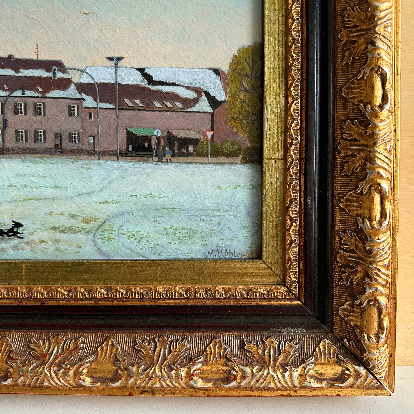 Vintage 1960s Framed Winter Town Landscape Painting - 17”×15”)